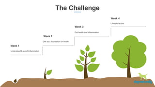 The Challenge
Diet as a foundation for health
Week 1
Week 2
Understand & avoid inflammation
Week 3
Gut health and inflammation
Week 4
Lifestyle factors
 