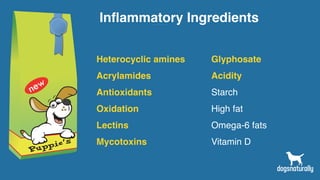 Inflammatory Ingredients
Heterocyclic amines
Acrylamides
Antioxidants
Oxidation
Lectins
Mycotoxins
Glyphosate
Acidity
Starch
High fat
Omega-6 fats
Vitamin D
 