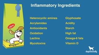 Inflammatory Ingredients
Heterocyclic amines
Acrylamides
Antioxidants
Oxidation
Lectins
Mycotoxins
Glyphosate
Acidity
Starch
High fat
Omega-6 fats
Vitamin D
 