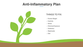 Anti-Inflammatory Plan
THINGS TO FIX:
Excess Weight
Inactivity
Stress
Chemical Exposure
Antibiotics
Glyphosate
Diet
 