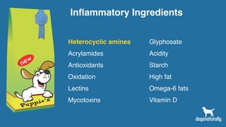 Inflammatory Ingredients
Heterocyclic amines
Acrylamides
Antioxidants
Oxidation
Lectins
Mycotoxins
Glyphosate
Acidity
Starch
High fat
Omega-6 fats
Vitamin D
 