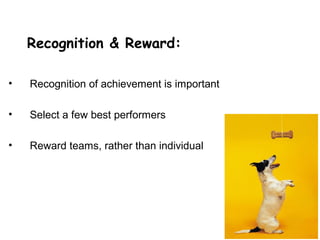 Recognition & Reward:

•   Recognition of achievement is important

•   Select a few best performers

•   Reward teams, rather than individual
 