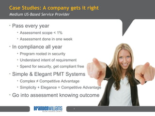 Case Studies: A company gets it right Medium US-Based Service Provider <ul><li>Pass every year </li></ul><ul><ul><li>Asses...