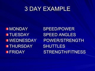 3 DAY EXAMPLE MONDAY  SPEED/POWER TUESDAY  SPEED ANGLES WEDNESDAY  POWER/STRENGTH THURSDAY  SHUTTLES FRIDAY  STRENGTH/FITNESS 