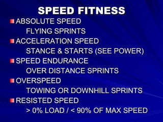 SPEED FITNESS ABSOLUTE SPEED FLYING SPRINTS ACCELERATION SPEED STANCE & STARTS (SEE POWER) SPEED ENDURANCE OVER DISTANCE SPRINTS  OVERSPEED TOWING OR DOWNHILL SPRINTS RESISTED SPEED > 0% LOAD / < 90% OF MAX SPEED 