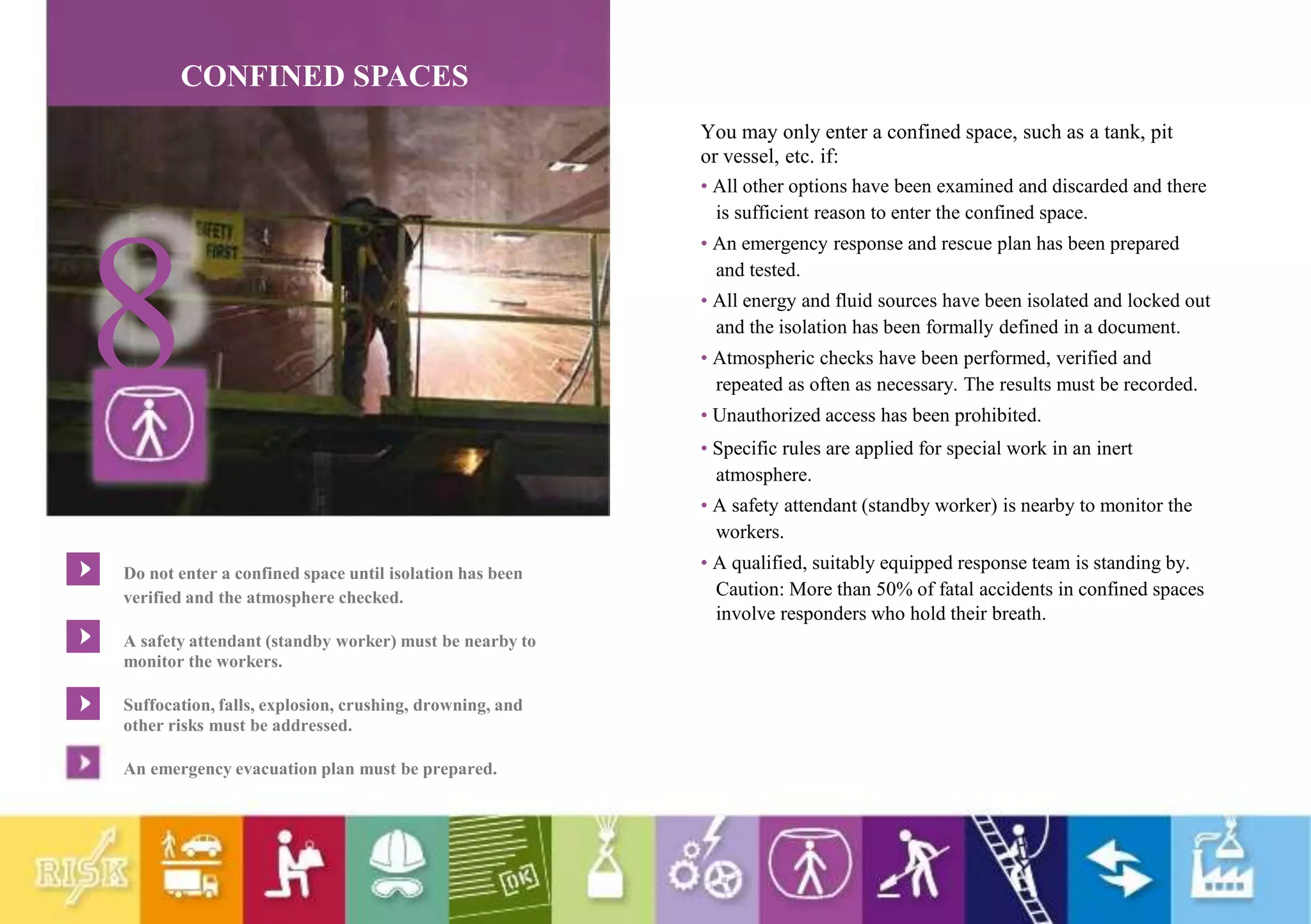 CONFINED SPACES
8
Do not enter a confined space until isolation has been
verified and the atmosphere checked.
A safety attendant (standby worker) must be nearby to
monitor the workers.
Suffocation, falls, explosion, crushing, drowning, and
other risks must be addressed.
An emergency evacuation plan must be prepared.
You may only enter a confined space, such as a tank, pit
or vessel, etc. if:
• All other options have been examined and discarded and there
is sufficient reason to enter the confined space.
• An emergency response and rescue plan has been prepared
and tested.
• All energy and fluid sources have been isolated and locked out
and the isolation has been formally defined in a document.
• Atmospheric checks have been performed, verified and
repeated as often as necessary. The results must be recorded.
• Unauthorized access has been prohibited.
• Specific rules are applied for special work in an inert
atmosphere.
• A safety attendant (standby worker) is nearby to monitor the
workers.
• A qualified, suitably equipped response team is standing by.
Caution: More than 50% of fatal accidents in confined spaces
involve responders who hold their breath.
 