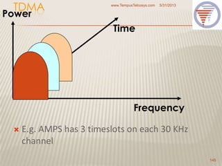 TDMA
 E.g. AMPS has 3 timeslots on each 30 KHz
channel
5/31/2013www.TempusTelcosys.com
145
Frequency
Time
Power
 