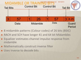 MIDAMBLE OR TRAINING BITS
 8 midamble patterns (Colour codes) of 26 bits (BSIC)
 RACH and SCH have longer 41 and 64 bit Midambles
 Equalizer estimates channel impulse response from
midamble
 Mathematically construct inverse filter
 Uses inverse to decode bits
5/31/2013www.TempusTelcosys.com
158
3 357 261 571 8.25
Tail Bits
Data
Control Bit
Midamble
Control Bit
Data
Tail Bits
Guard
Period
 