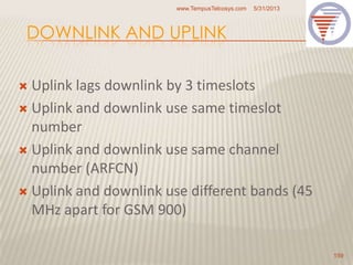 DOWNLINK AND UPLINK
 Uplink lags downlink by 3 timeslots
 Uplink and downlink use same timeslot
number
 Uplink and downlink use same channel
number (ARFCN)
 Uplink and downlink use different bands (45
MHz apart for GSM 900)
5/31/2013www.TempusTelcosys.com
159
 