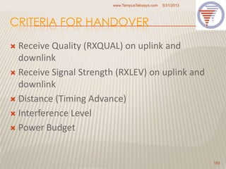 CRITERIA FOR HANDOVER
 Receive Quality (RXQUAL) on uplink and
downlink
 Receive Signal Strength (RXLEV) on uplink and
downlink
 Distance (Timing Advance)
 Interference Level
 Power Budget
5/31/2013www.TempusTelcosys.com
183
 