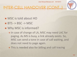 INTER-CELL HANDOVER (CONT..)
 MSC is told about HO
 BTS -> BSC -> MSC
 Why MSC is informed?
 In case of change of LA, MSC may need LAC for
paging. As MS is busy, a link already exists. So,
MSC can send a tone in case of call waiting, and
does not need to page again.
 This is needed also for billing and call tracing
5/31/2013www.TempusTelcosys.com
189
 