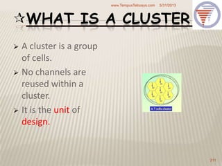 WHAT IS A CLUSTER ?
 A cluster is a group
of cells.
 No channels are
reused within a
cluster.
 It is the unit of
design.
5/31/2013www.TempusTelcosys.com
211
 