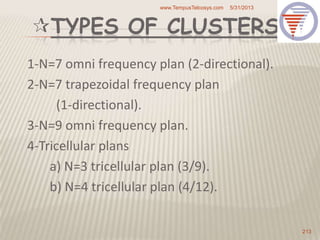 TYPES OF CLUSTERS
1-N=7 omni frequency plan (2-directional).
2-N=7 trapezoidal frequency plan
(1-directional).
3-N=9 omni frequency plan.
4-Tricellular plans
a) N=3 tricellular plan (3/9).
b) N=4 tricellular plan (4/12).
5/31/2013www.TempusTelcosys.com
213
 