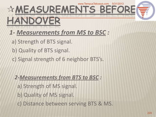 MEASUREMENTS BEFORE
HANDOVER
1- Measurements from MS to BSC :
a) Strength of BTS signal.
b) Quality of BTS signal.
c) Signal strength of 6 neighbor BTS’s.
2-Measurements from BTS to BSC :
a) Strength of MS signal.
b) Quality of MS signal.
c) Distance between serving BTS & MS.
5/31/2013www.TempusTelcosys.com
224
 