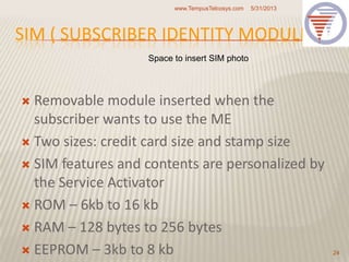 SIM ( SUBSCRIBER IDENTITY MODULE)
 Removable module inserted when the
subscriber wants to use the ME
 Two sizes: credit card size and stamp size
 SIM features and contents are personalized by
the Service Activator
 ROM – 6kb to 16 kb
 RAM – 128 bytes to 256 bytes
 EEPROM – 3kb to 8 kb
5/31/2013www.TempusTelcosys.com
24
Space to insert SIM photo
 