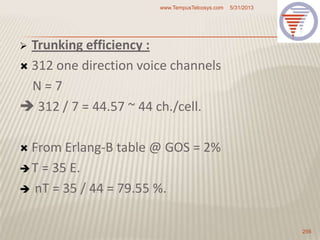 Trunking efficiency :
 312 one direction voice channels
N = 7
 312 / 7 = 44.57 ~ 44 ch./cell.
 From Erlang-B table @ GOS = 2%
T = 35 E.
 nT = 35 / 44 = 79.55 %.
5/31/2013www.TempusTelcosys.com
256
 