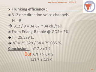  Trunking efficiency :
 312 one direction voice channels
N = 9
 312 / 9 = 34.67 ~ 34 ch./cell.
 From Erlang-B table @ GOS = 2%
T = 25.529 E.
 nT = 25.529 / 34 = 75.085 %.
Conclusion : nT 7 > nT 9
But C/I 7 > C/I 9
ACI 7 > ACI 9
5/31/2013www.TempusTelcosys.com
258
 