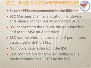 BSC – BASE STATION CONTROLLER
 Several BTSs are connected to the BSC
 BSC Manages channel allocation, handovers
and release of channels at connected BTSs
 BSC connects to the BTS via the Abis interface
and to the MSC on A interface
 BSC has the entire database of cell parameters
associated with the BTSs.
 No mobile data is stored in the BSC
 Less connections for MSC as intelligence is
made common to all BTSs by the BSC
5/31/2013www.TempusTelcosys.com
29
 
