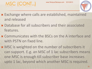 MSC (CONT..)
 Exchange where calls are established, maintained
and released
 Database for all subscribers and their associated
features.
 Communicates with the BSCs on the A interface and
with PSTN on fixed line.
 MSC is weighted on the number of subscribers it
can support. E.g. an MSC of 1 lac subscribers means
one MSC is enough till subscriber base increases
upto 1 lac, beyond which another MSC is required.
5/31/2013www.TempusTelcosys.com
35
 