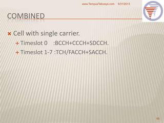 COMBINED
 Cell with single carrier.
 Timeslot 0 :BCCH+CCCH+SDCCH.
 Timeslot 1-7 :TCH/FACCH+SACCH.
5/31/2013www.TempusTelcosys.com
65
 