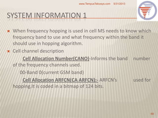 SYSTEM INFORMATION 1
 When frequency hopping is used in cell MS needs to know which
frequency band to use and what frequency within the band it
should use in hopping algorithm.
 Cell channel description
Cell Allocation Number(CANO)-Informs the band number
of the frequency channels used.
00-Band 0(current GSM band)
Cell Allocation ARFCN(CA ARFCN):- ARFCN’s used for
hopping.It is coded in a bitmap of 124 bits.
5/31/2013www.TempusTelcosys.com
69
 