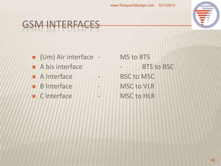GSM INTERFACES
 (Um) Air interface - MS to BTS
 A bis interface - BTS to BSC
 A Interface - BSC to MSC
 B Interface - MSC to VLR
 C interface - MSC to HLR
5/31/2013www.TempusTelcosys.com
95
 