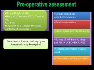 Weight Height (BMI)
Blood & Urine tests, ECG, Chest X-
ray,
2D Echo
Check up by a General physician,
Cardiologist, anaesthetist
Details of medical
conditions/Allergies
Previous operations
List of medicines you are taking
To stop blood thinning drugs
(ASPIRIN , CLOPIDOGREL)
General examination : Dental
check
Discussion regarding operation
Sometimes a further check-up by an
Anaesthetist may be required
 