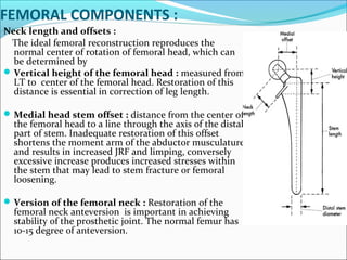 FEMORAL COMPONENTS :
Neck length and offsets :
The ideal femoral reconstruction reproduces the
normal center of rotation of femoral head, which can
be determined by
Vertical height of the femoral head : measured from
LT to center of the femoral head. Restoration of this
distance is essential in correction of leg length.
Medial head stem offset : distance from the center of
the femoral head to a line through the axis of the distal
part of stem. Inadequate restoration of this offset
shortens the moment arm of the abductor musculature
and results in increased JRF and limping, conversely
excessive increase produces increased stresses within
the stem that may lead to stem fracture or femoral
loosening.
Version of the femoral neck : Restoration of the
femoral neck anteversion is important in achieving
stability of the prosthetic joint. The normal femur has
10-15 degree of anteversion.
 