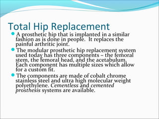 Total Hip Replacement
A prosthetic hip that is implanted in a similar
fashion as is done in people. It replaces the
painful arthritic joint.
The modular prosthetic hip replacement system
used today has three components – the femoral
stem, the femoral head, and the acetabulum.
Each component has multiple sizes which allow
for a custom fit.
The components are made of cobalt chrome
stainless steel and ultra high molecular weight
polyethylene. Cementless and cemented
prosthesis systems are available.
 