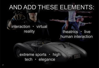 AND ADD THESE ELEMENTS:
interaction ? virtual
reality

extreme sports ? high
tech ? elegance
7

theatrics ? live
human interaction

 