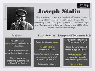 Joseph Stalin
After a terrible civil war and the death of Vladimir Lenin,
Joseph Stalin took power in the Soviet Union. He
immediately started putting his opponents to death and began
a ruthless program to build up industry in the USSR, killing
anyone who stood in his way!
Problems Major Reforms Examples of Totalitarian Rule
The USSR was not
industrialized and had a very
weak military
The Government was
unstable after Lenin’s death.
The economy was
improving, but many still
suffered from famine.
Collectivization of farms
Five year plans to
industrialize USSR
Total Command Economy -
government control all
means of production
Built up the military
Single party dictatorship
(Communist Party)
Ruled through fear and
terror (Reign of Terror)
Used censorship and
propaganda - schools,
newspapers, government
Secret police
Film Clip
start at 2:35
Film Clip
start at 2:35
 