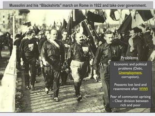 Mussolini and his “Blackshirts” march on Rome in 1922 and take over government.
Problems
Economic and political
problems (Debt,
Unemployment,
corruption).
Peasants lost land and
resentment after WWI
Fear of communist uprising
- Clear division between
rich and poor
 