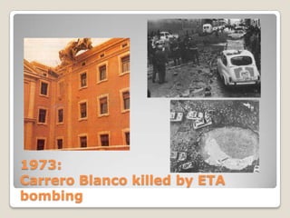 The post-warscenariodidnothavemuchtooffertoFranco’sSpain: 1940’s: post-CivilWarhardships, addedtotheinternationalsituation,  bringfamine, shortages and rationing.1946: thenewlyborn UN putsSpain in quarantine. Hugecrowdssupport Franco at Madrid’s  Plaza de Oriente.1946-52: theyears of autarchybring a slighteconomicrecovery,based in the re-building of Spanishinfrastructure.