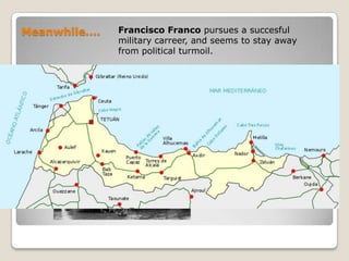 In fiveyears, from 1931 to 1936, Spainslidesdowntowards Civil War1931: Proclamation of theSecondRepublic1931 - 1933: ruledby a coalition of Center-LefttoLeftparties,  the new Republicpasses a Constitution, new laws                      of PublicEducation, AgrarianReformation, Vote forwomen.             1932: General Sanjurjo and otherhigh-rankofficersattempt acoupd’étatknown as “Sanjurjada”.1933 -1936: CEDA (SpanishConfederation of AutonomousRights):  the Black / SterileBiennial.             1934: Anarchist and CommunistUnionsunleashthefailed “Red   October” revolution in Asturias (North-Western Spain). Catalonia declares itself “sovereignstatewithintheRepublic”
