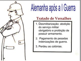 1. Desmilitarização: abolição
do serviço militar
obrigatório e proibição de
possuir armamento.
2. Pagamento de pesadas
indenizações de guerra.
3. Perdeu as colónias.
Tratado de Versalhes
 