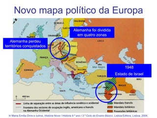 Novo mapa político da Europa
Alemanha perdeu
territórios conquistados
Alemanha foi dividida
em quatro zonas
1948
Estado de Israel
In Maria Emília Dinis e outros, História Nove / História 9.º ano / 3.º Ciclo do Ensino Básico, Lisboa Editora, Lisboa, 2004.
 