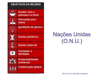 Colaboração global
Acabar com a
pobreza e a fome
Educação para
todos
Igualdade de género
Saúde pediátrica
Saúde maternal
Combater o
HIV/SIDA
Sustentabilidade
ambiental
OBJETIVOS DO MILÉNIO
Nações Unidas
(O.N.U.)
http://www.un.org/millenniumgoals/
 