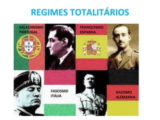 REGIMES TOTALITÁRIOS
SALAZARISMO
PORTUGAL
FRANQUISMO
ESPANHA
FASCISMO
ITÁLIA
NAZISMO
ALEMANHA
 