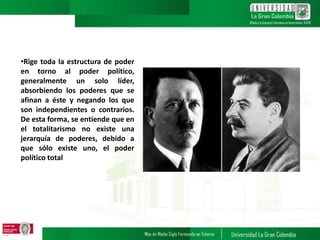 •Rige toda la estructura de poder
en torno al poder político,
generalmente un solo líder,
absorbiendo los poderes que se
afinan a éste y negando los que
son independientes o contrarios.
De esta forma, se entiende que en
el totalitarismo no existe una
jerarquía de poderes, debido a
que sólo existe uno, el poder
político total
 