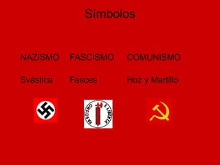 Símbolos
NAZISMO FASCISMO COMUNISMO
Svástica Fasces Hoz y Martillo
 