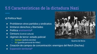 5.5 Características de la dictadura Nazi
a) Política Nazi:
● Prohibieron otros partidos y sindicatos
● limitaron derechos y libertades
● Política anstisemita*
● Censura (Control cultural)
● régimen de terror: estado policial:
○ Gestapo (policía secreta)
○ SS (guardia personal de Hitler)
● Creación de campos de concentración: enemigos del Reich (Dachau)
● Expansión territorial*
Quema de libros
 