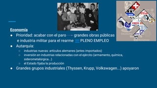 Economía
● Prioridad: acabar con el paro grandes obras públicas
e industria militar para el rearme PLENO EMPLEO
● Autarquía:
○ industrias nuevas: artículos alemanes (antes importados)
○ inversión en industrias relacionadas con el ejército (armamento, química,
siderometalúrgica...)
○ el Estado fijaba la producción
● Grandes grupos industriales (Thyssen, Krupp, Volkswagen...) apoyaron
 