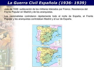 La Guerra Civil Española (1936- 1939)
Julio de 1936: sublevación de los militares liderados por Franco. Resistencia del
Frente Popular en Madrid y de los anarquistas.
Los nacionalistas controlaron rápidamente todo el norte de España, el Frente
Popular y los anarquistas controlaban Madrid y el sur de España.
 