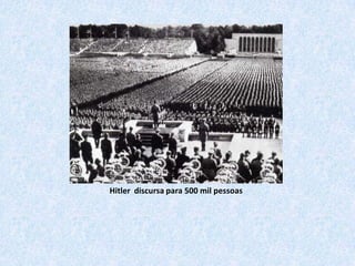  Num ano, Hitler impõe a ditadura nacional-socialista.  Torna-se presidente do Reich, em 1934, assumindo todos os poderes na qualidade de Fuhrer (“chefe” da nação). A Alemanha, arrasada pelas perdas da 1ª Guerra Mundial, sofre uma grave crise de desemprego.Hitler acaba com o desemprego na Alemanha através de um maciço programa de militarização. Todo o país dedica-se a fabricar armas e a se preparar para a guerra. 