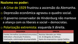 Nazismo no poder:
o A Crise de 1929 frustrou a ascensão da Alemanha.
o Depressão econômica agravou o quadro social.
o O governo conservador de Hindenburg não manteve
a aliança com os liberais e social – democratas.
o Polarização extremista: esquerda X direita.
ESQUERDA DIREITA
Frentes Vermelhas (socialistas/comunistas).
Defendiam a Revolução Proletária.
Estatização, coletivização da propriedade.
Nazistas liderados por Hitler.
SA, SS (Brigadas de Defesa).
Apoio de empresários e Igreja Católica.
 