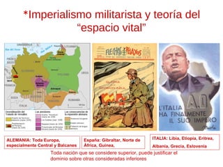 * Imperialismo militarista y teoría del “espacio vital” Toda nación que se considere superior, puede justificar el dominio sobre otras consideradas inferiores ITALIA:   Libia, Etiopía, Eritrea,  Albania, Grecia, Eslovenia ALEMANIA: Toda Europa, especialmente Central y Balcanes España: Gibraltar, Norte de África, Guinea,  