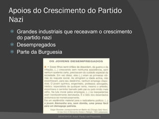 Apoios do Crescimento do Partido Nazi Grandes industriais que receavam o crescimento do partido nazi Desempregados Parte da Burguesia MEMOSHOÁ- Autor: Paula Leal Presumido 