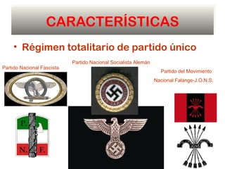 CARACTERÍSTICAS
    • Régimen totalitario de partido único
                            Partido Nacional Socialista Alemán
Partido Nacional Fascista
                                                                   Partido del Movimiento
                                                                 Nacional Falange-J.O.N.S.
 
