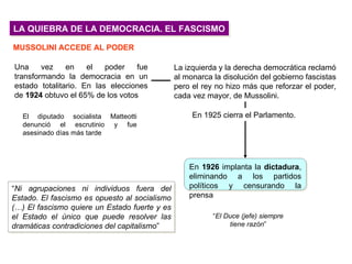 LA QUIEBRA DE LA DEMOCRACIA. EL FASCISMO

MUSSOLINI ACCEDE AL PODER

Una     vez    en    el   poder   fue          La izquierda y la derecha democrática reclamó
transformando la democracia en un              al monarca la disolución del gobierno fascistas
estado totalitario. En las elecciones          pero el rey no hizo más que reforzar el poder,
de 1924 obtuvo el 65% de los votos             cada vez mayor, de Mussolini.

   El diputado socialista Matteotti                 En 1925 cierra el Parlamento.
   denunció el escrutinio y fue
   asesinado días más tarde




                                                   En 1926 implanta la dictadura,
                                                   eliminando a los partidos
“Ni agrupaciones ni individuos fuera del           políticos y censurando la
Estado. El fascismo es opuesto al socialismo       prensa
(…) El fascismo quiere un Estado fuerte y es
el Estado el único que puede resolver las                 “El Duce (jefe) siempre
dramáticas contradiciones del capitalismo”                     tiene razón”
 
