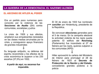 LA QUIEBRA DE LA DEMOCRACIA. EL NAZISMO ALEMÁNLA QUIEBRA DE LA DEMOCRACIA. EL NAZISMO ALEMÁN
EL ASCENSO DE HITLER AL PODER
Era un partido poco numeroso pero
conocido por la violencia de las
Secciones de Asalto (SA) contra
comunistas, socialistas y judíos
Su lenguaje antijudío, su defensa del
espíritu revanchista y los efectos de la
crisis económica le auparon a los 230
escaños (37,3%) en 1932.
A partir de aquí, su ascenso fue
imparable.
El 30 de enero de 1933 fue nombrado
canciller por Hindenburg, presidente de
la República.
Hitler aprovechó la cartera del Ministerio
de Interior para promulgar el 28 de
febrero de 1933 el Decreto de
Protección de la Nación y del Estado,
concediendo grandes poderes a la
policía
Se convocan elecciones generales para
el 5 de marzo. En la campaña electoral
la actividad violenta de los nazis queda
patente: El edificio del Reichstag
(Parlamento) fue incendiado el 27 de
febrero por los nazis, quienes culparon a
los comunistas (KPD)
La crisis de 1929 y sus efectos,
ampliaron sus simpatizantes reclutados
en las clases medias arruinadas por la
crisis, y consiguieron apoyo financiero
de grandes industriales
 